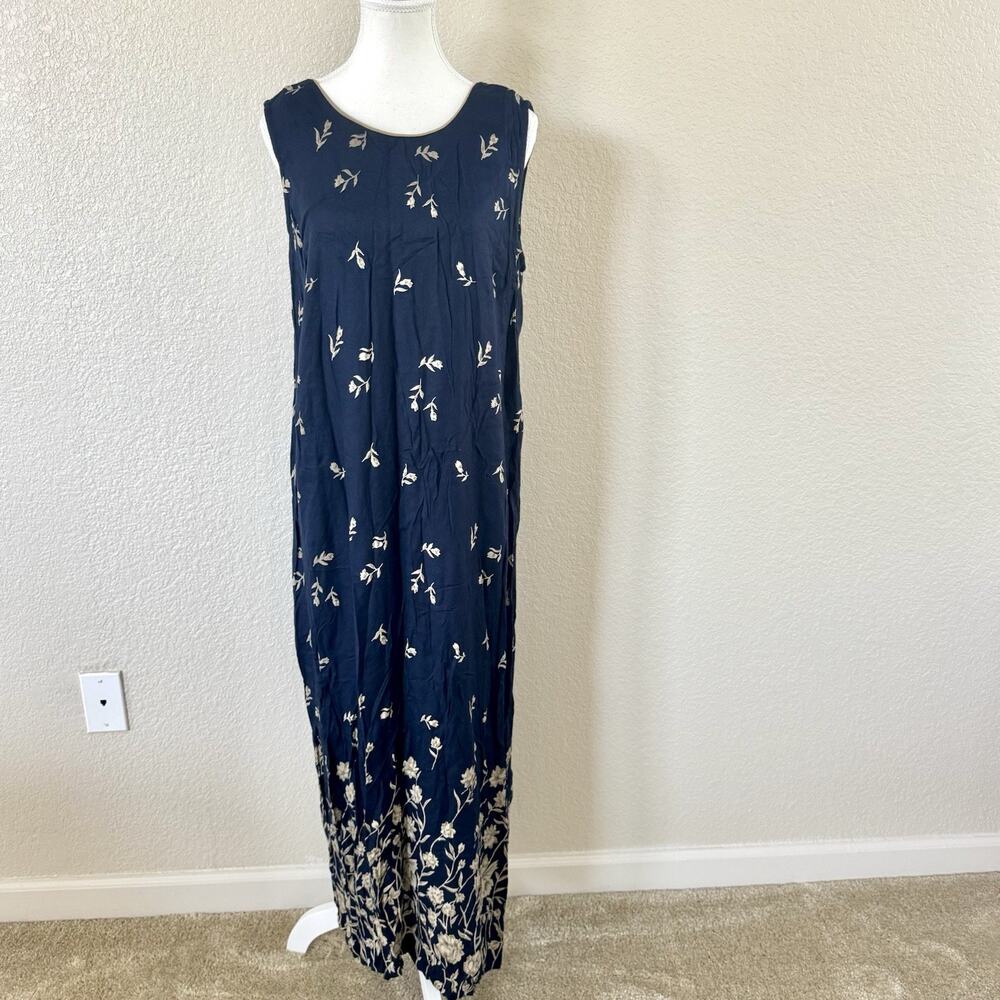 Vtg Sarah Elizabeth Sz 12 Blue Maxi Cottage Core Prairie Dress Floral Embroidery